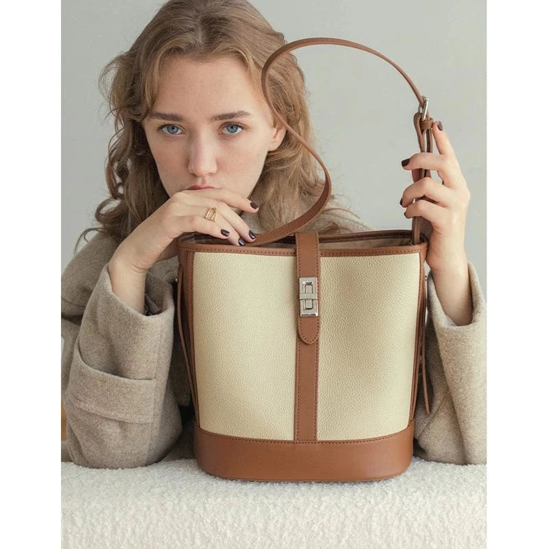 L25xH26xW15cm / Brown Wholesale Luxury Branded Women'S Purses Shoulder Bag Women Genuine Cowhide Leather Tote Handbags Crossbody Bucket Bags
