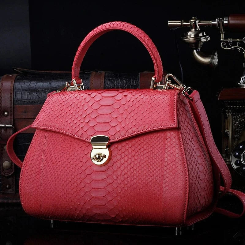 L26cm* H24cm*W12cm / Rose red 2023 Custom Luxury Genuine Exotic Snake Skin Leather Shoulder Crossbody Bag For Women Ladies Female Handbags Supplier
