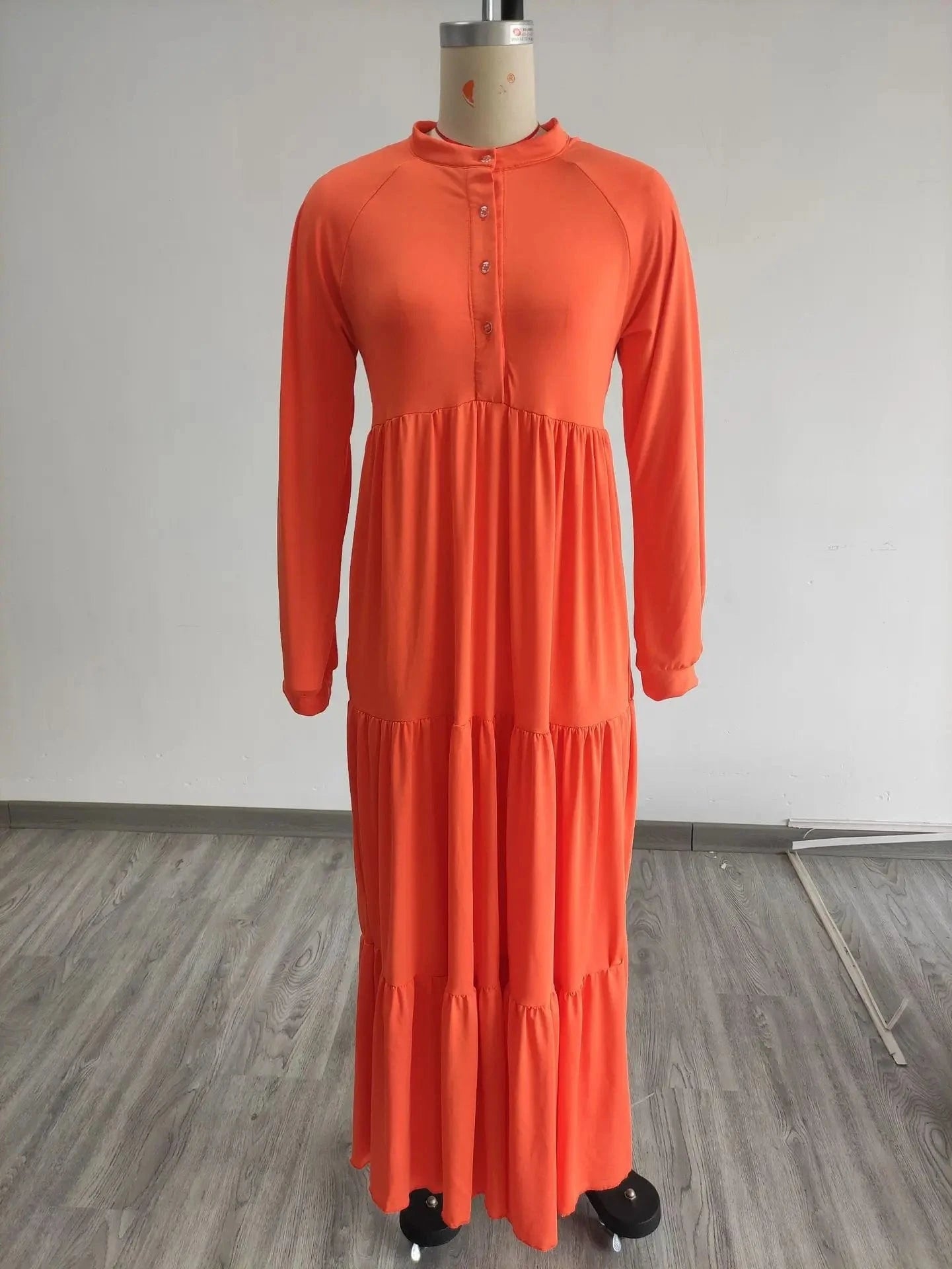 L342 Fashionable Solid Color Maxi Dress Autumn Winter Leisure Long Sleeve Loose Long Dress Women Pleated Dress