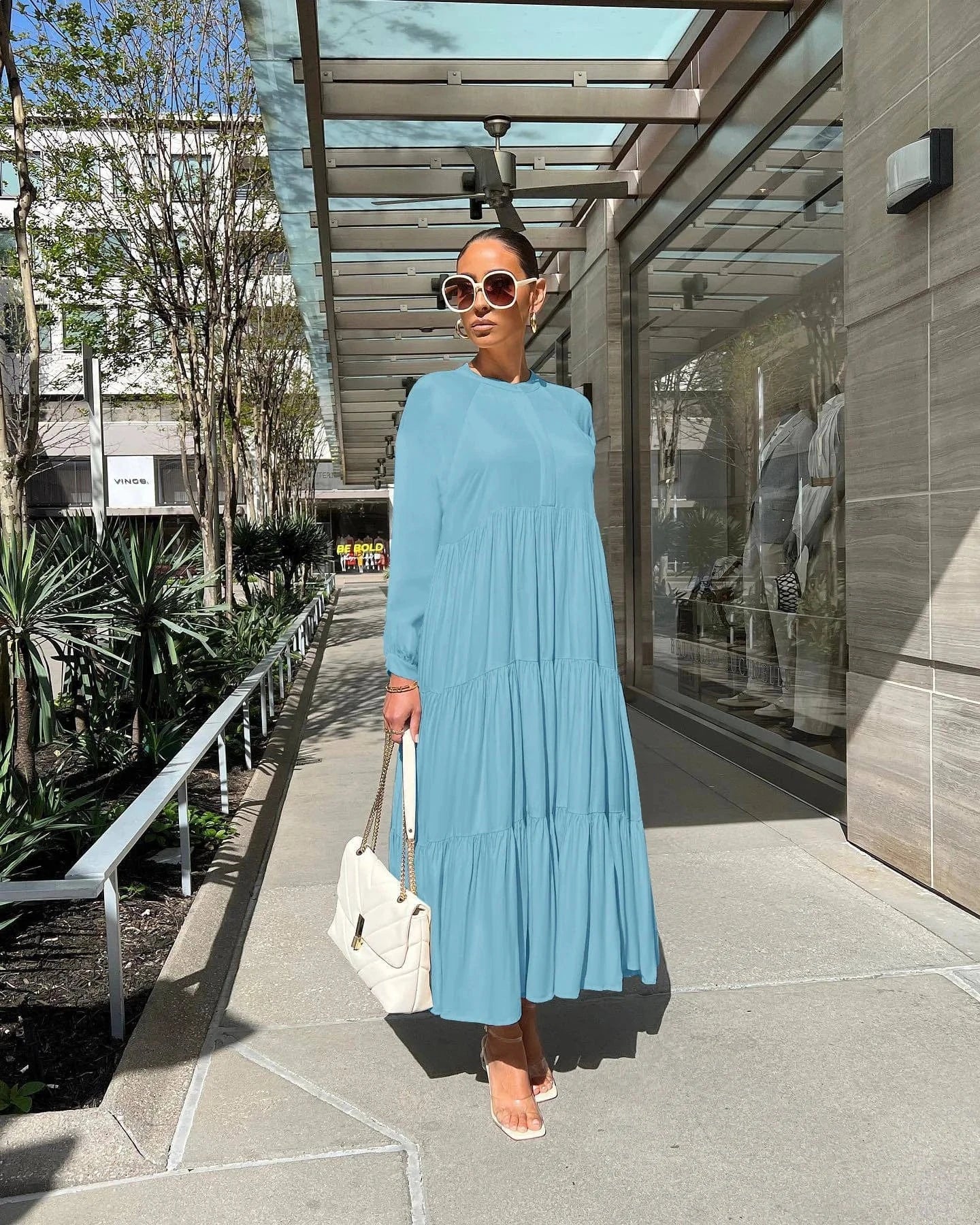 L342 Fashionable Solid Color Maxi Dress Autumn Winter Leisure Long Sleeve Loose Long Dress Women Pleated Dress