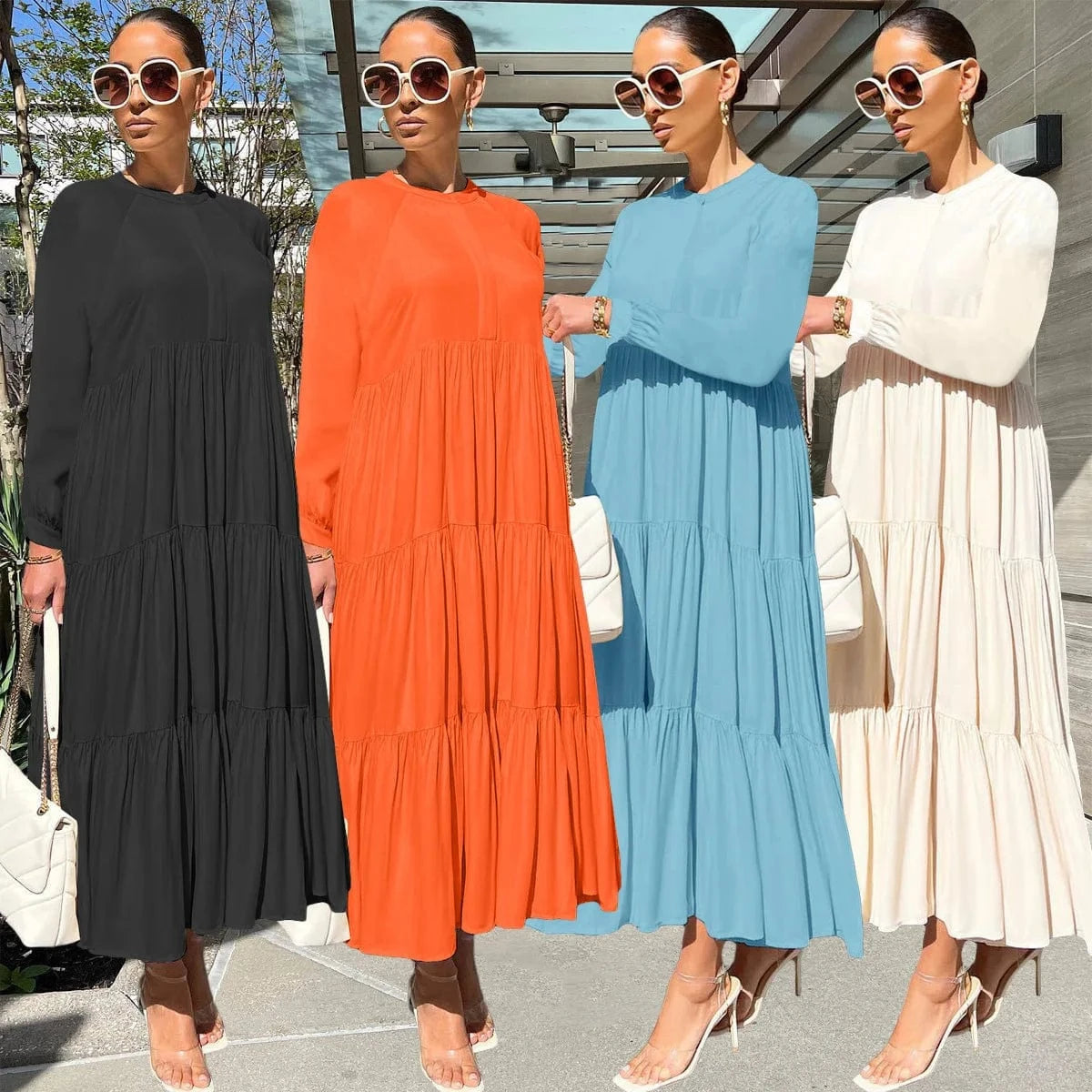 L342 Fashionable Solid Color Maxi Dress Autumn Winter Leisure Long Sleeve Loose Long Dress Women Pleated Dress
