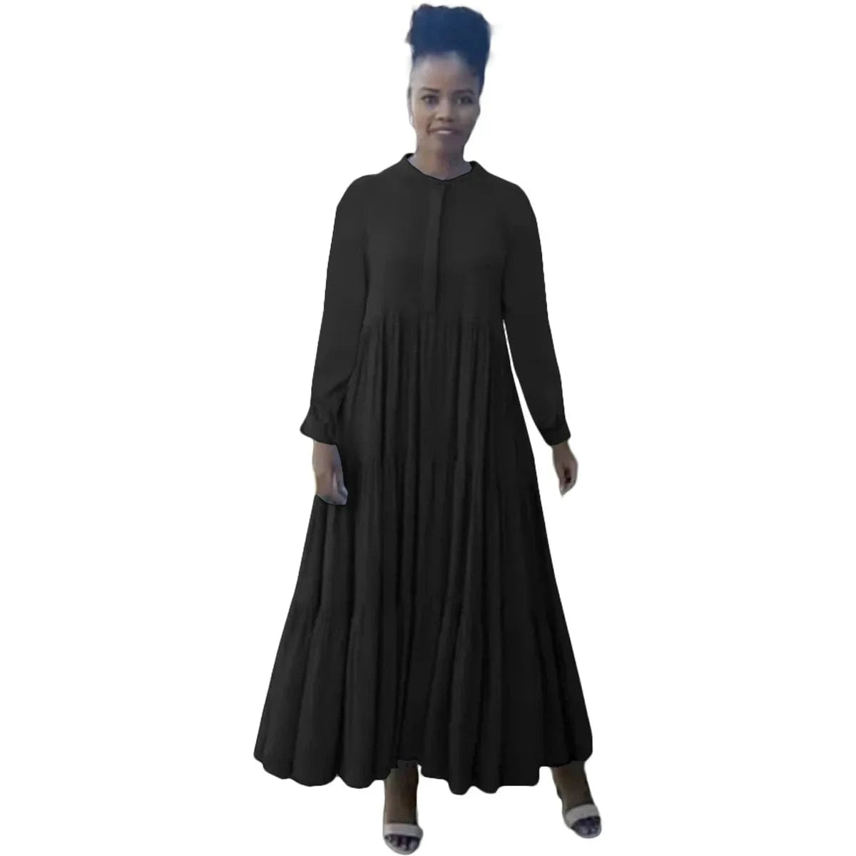 L342 Fashionable Solid Color Maxi Dress Autumn Winter Leisure Long Sleeve Loose Long Dress Women Pleated Dress