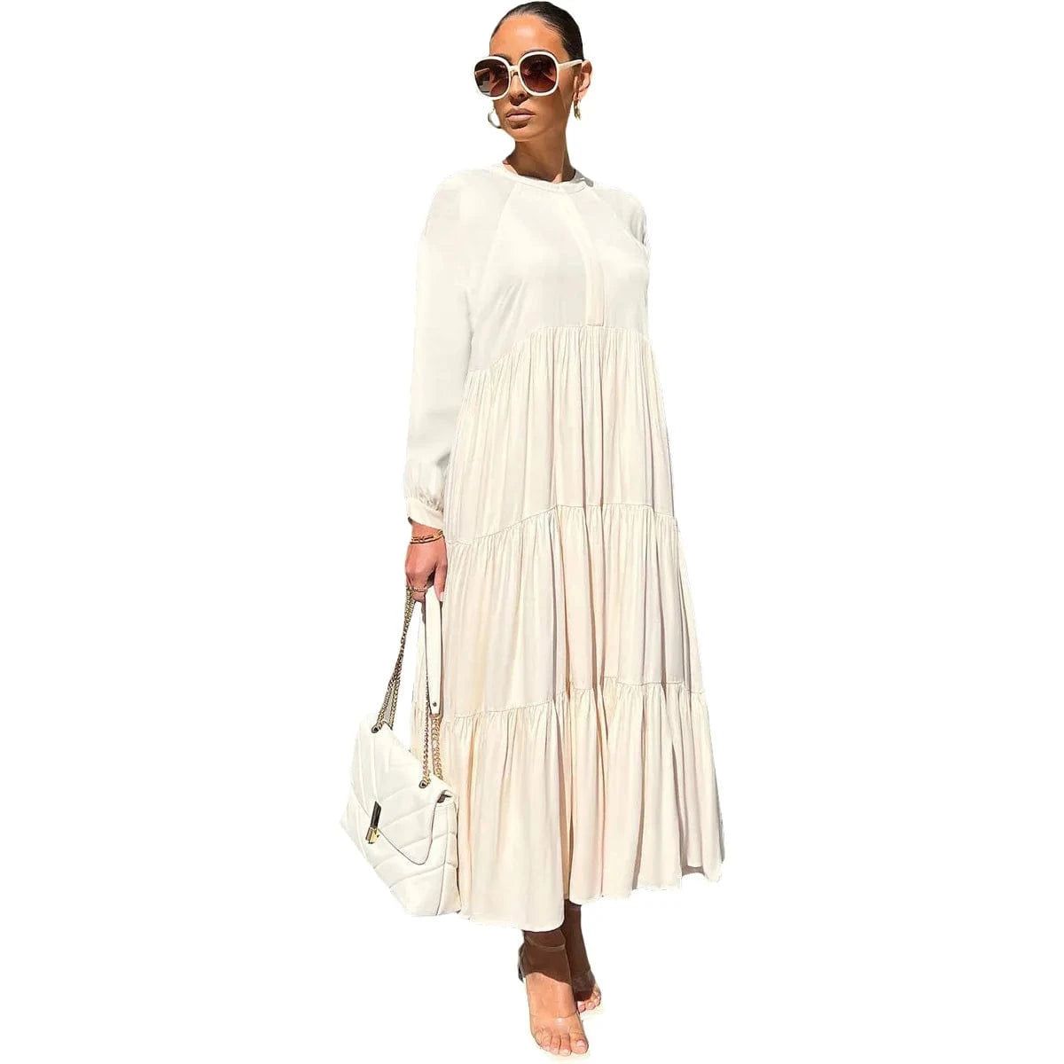 L342 Fashionable Solid Color Maxi Dress Autumn Winter Leisure Long Sleeve Loose Long Dress Women Pleated Dress