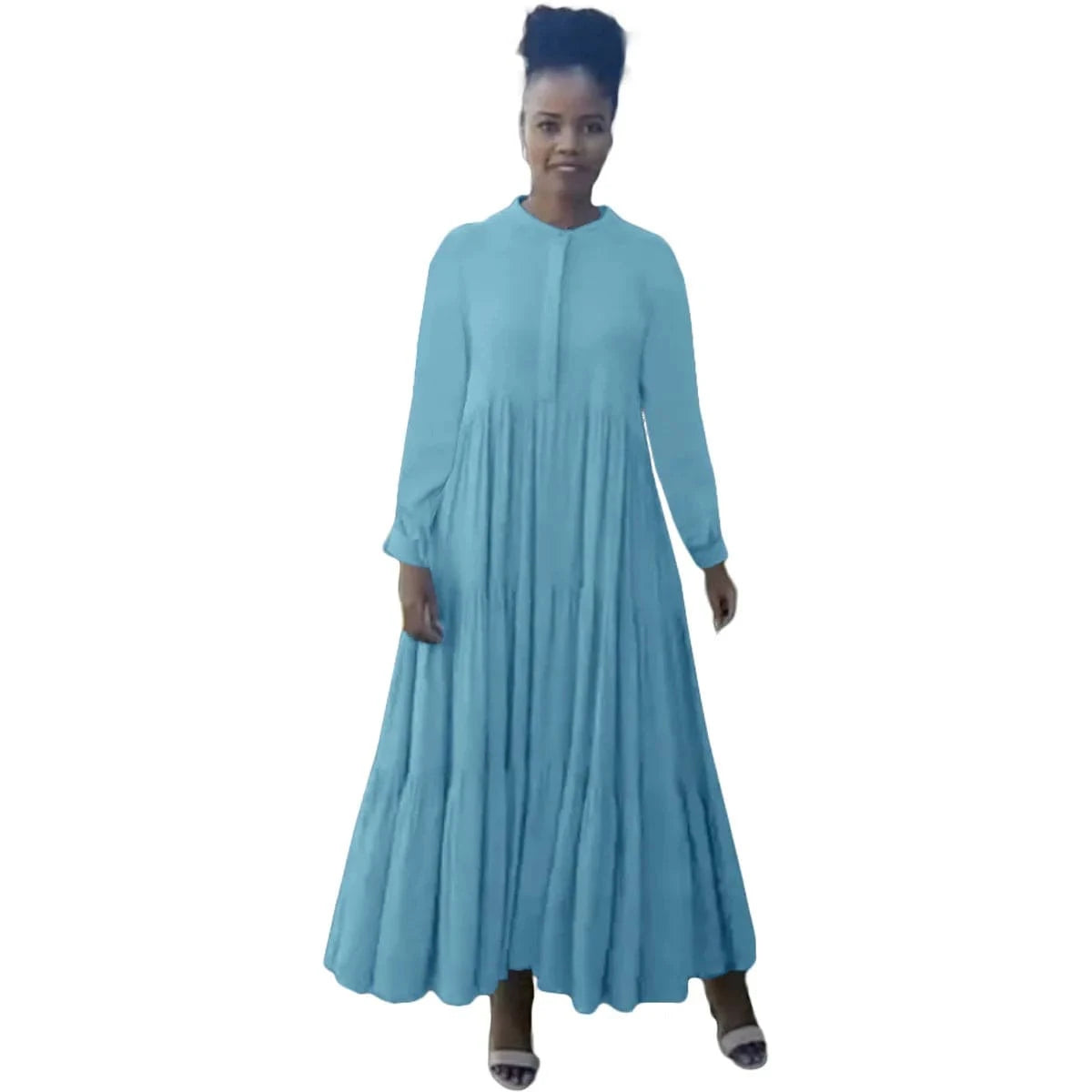 L342 Fashionable Solid Color Maxi Dress Autumn Winter Leisure Long Sleeve Loose Long Dress Women Pleated Dress