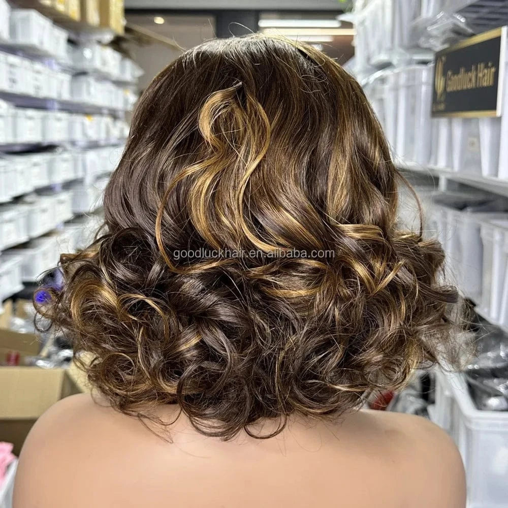 Lace Front Curly Bob Wigs Raw Vietnamese Virgin Human Hair Brown Ombre Highlight Bob Loose Wave Glueless Minimalist HD Lace Wig