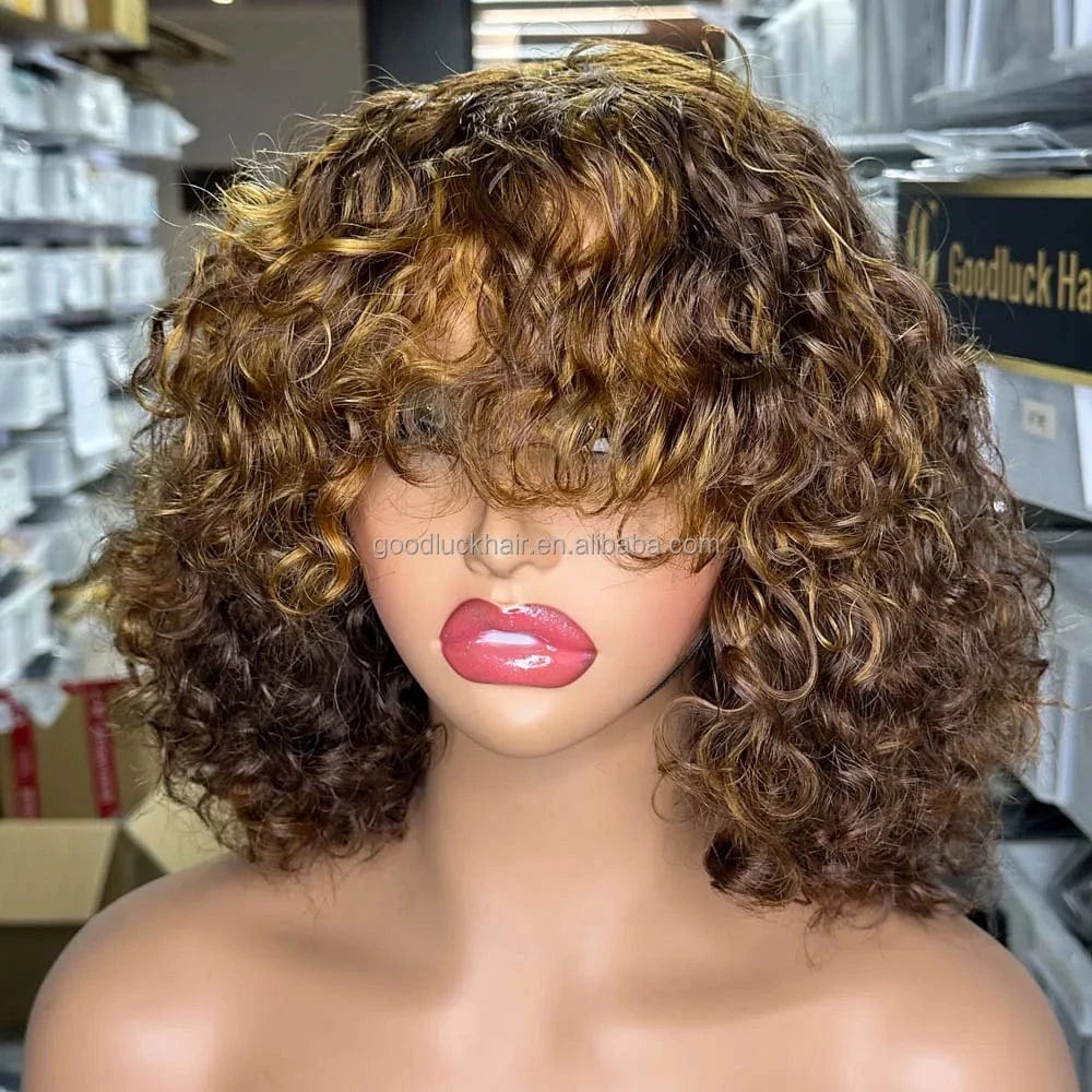 Lace Front Curly Bob Wigs Raw Vietnamese Virgin Human Hair Brown Ombre Highlight Bob Loose Wave Glueless Minimalist HD Lace Wig