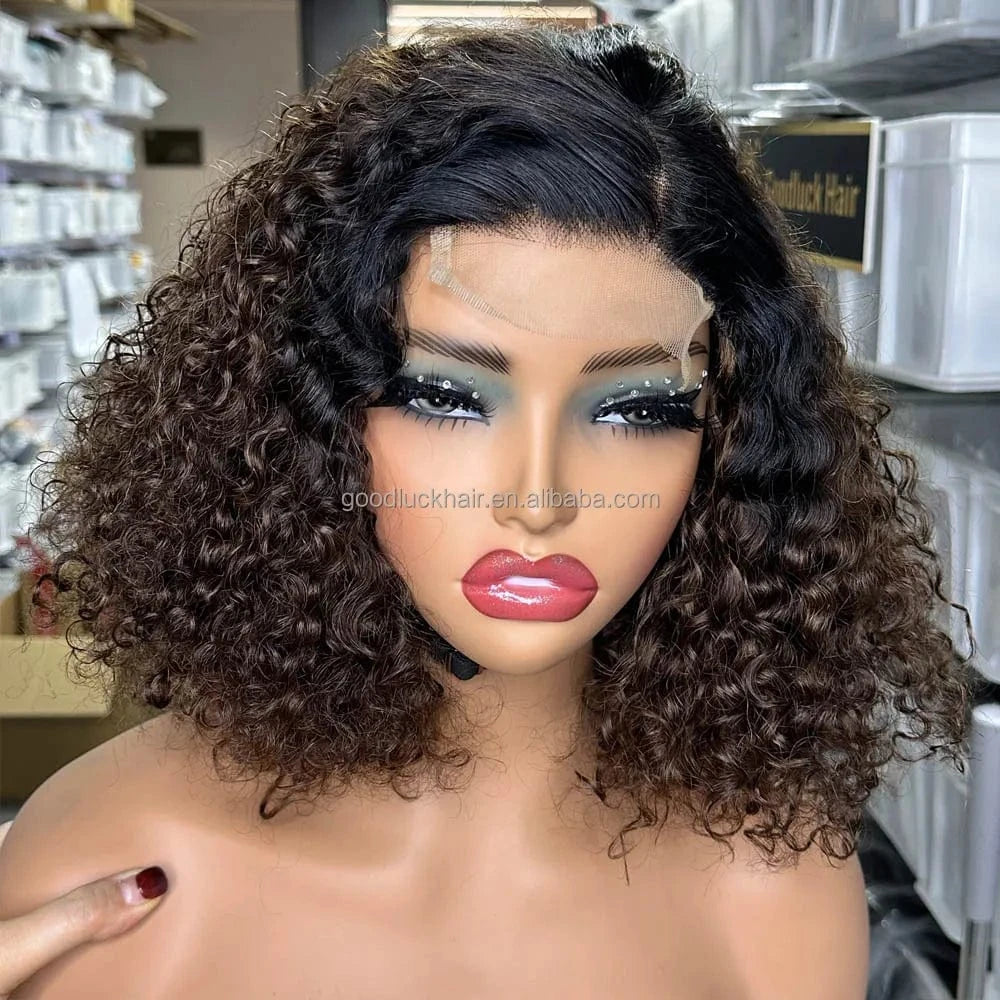 Lace Front Curly Bob Wigs Raw Vietnamese Virgin Human Hair Brown Ombre Highlight Bob Loose Wave Glueless Minimalist HD Lace Wig