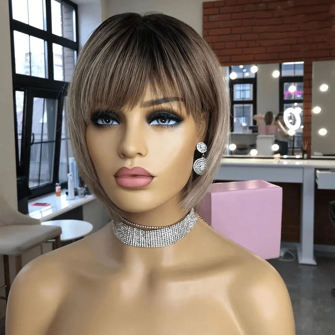 Lace Front Wig 3 / 8 Inches Summer Easy Wig Blonde Ombre Color Pixie Short Cut Bob Natural Look Raw Human Hair Clear Lace Front Wigs With Bang