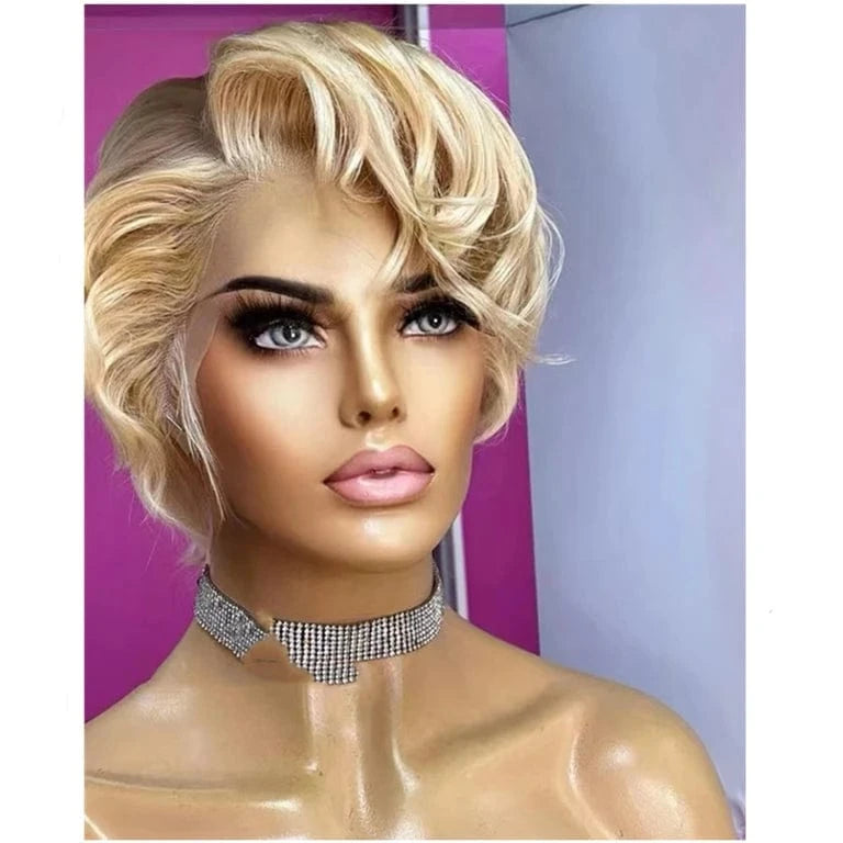 Lace Front Wig 42 / 8 Inches Summer Easy Wig Blonde Ombre Color Pixie Short Cut Bob Natural Look Raw Human Hair Clear Lace Front Wigs With Bang