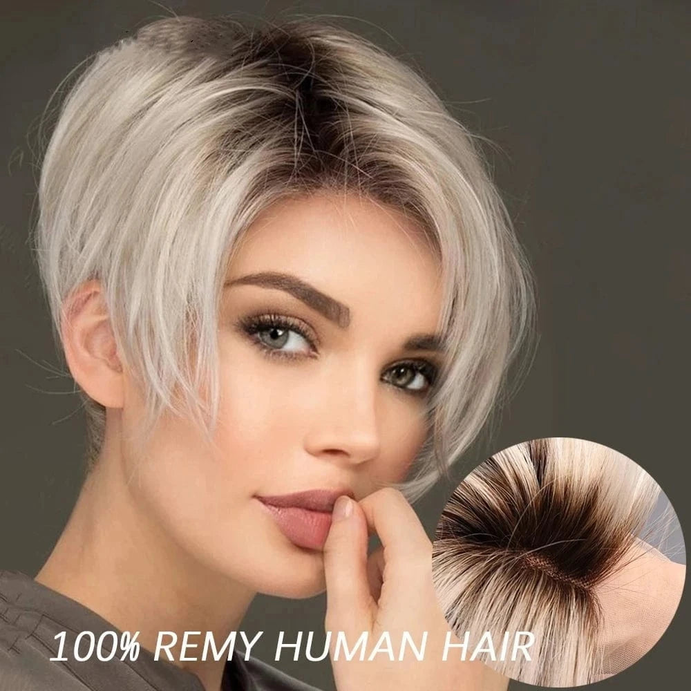 Lace Front Wig 5 / 8 Inches Summer Easy Wig Blonde Ombre Color Pixie Short Cut Bob Natural Look Raw Human Hair Clear Lace Front Wigs With Bang