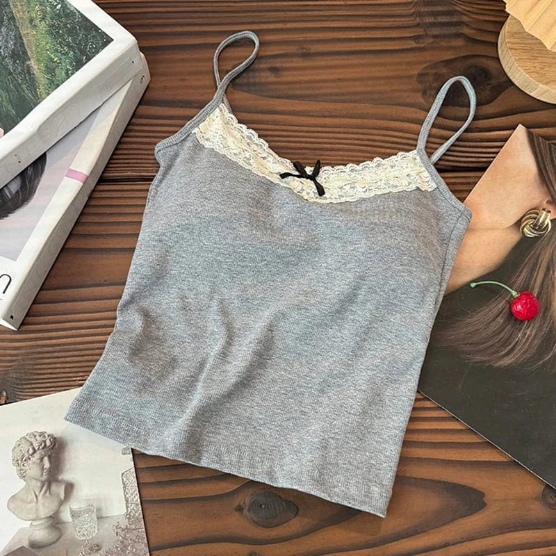 Lace Patchwork Sweet Straps Tank Top Women Bow Basic Underwear 2024 Spring Summer Outwear Camis Female Beauty Back Bras