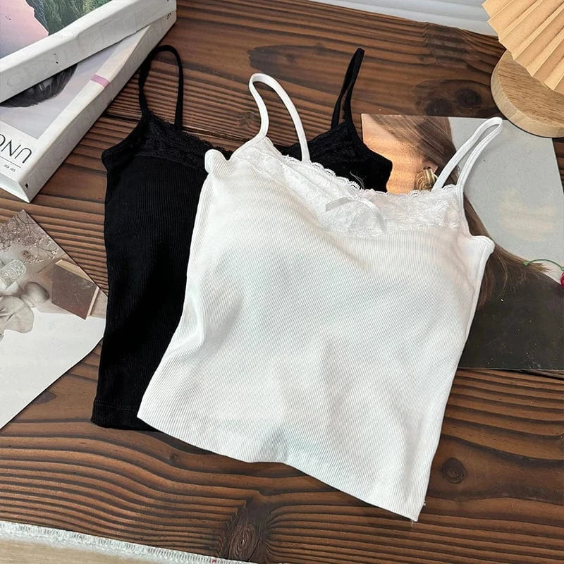 Lace Patchwork Sweet Straps Tank Top Women Bow Basic Underwear 2024 Spring Summer Outwear Camis Female Beauty Back Bras