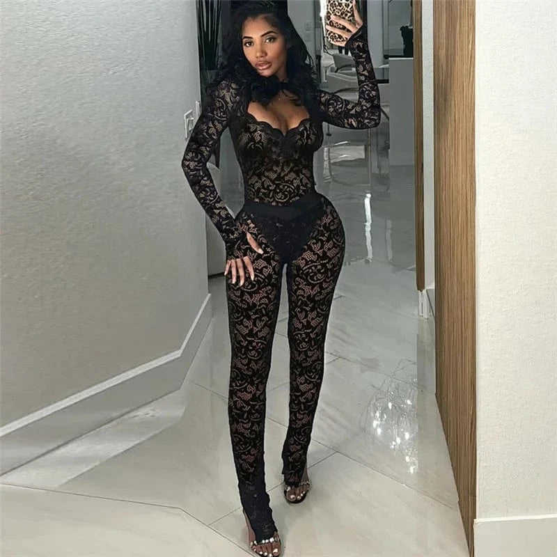 Lace See Through 2 Piece Set Women 2024 Autumn Sexy Hollow Jacquard Backless Bodysuit Leggings Party Clubwear Skinny Outfits