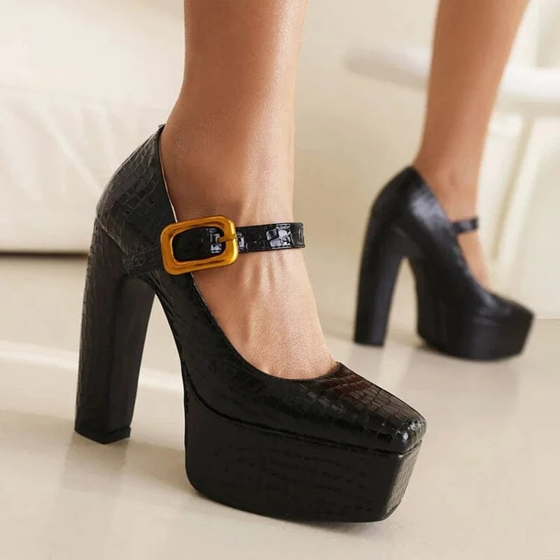 Ladies Animal Prints Green Pumps High Platform Chunky High Heels Shoe Square Toe Women Buckle Strap Mary Jane Shoes