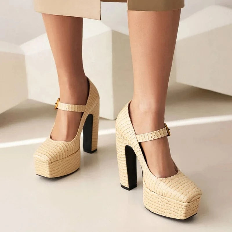 Ladies Animal Prints Green Pumps High Platform Chunky High Heels Shoe Square Toe Women Buckle Strap Mary Jane Shoes