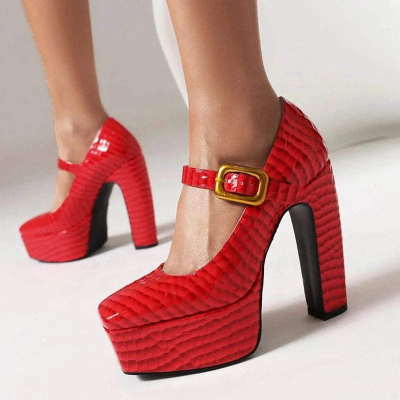 Ladies Animal Prints Green Pumps High Platform Chunky High Heels Shoe Square Toe Women Buckle Strap Mary Jane Shoes