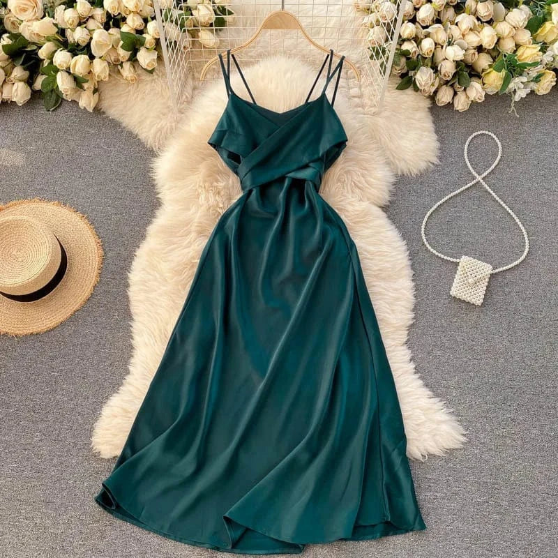 Ladies Beach Vacation Solid Sleeveless Wrap shiny party long sexy slip elegant silk satin Maxi evening Casual Dress for Women