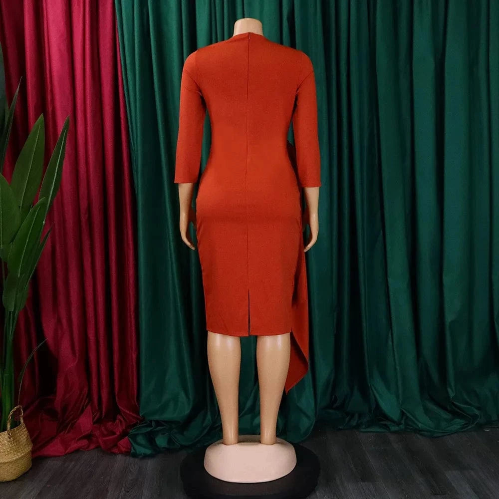 Ladies Dresses 2024 Business O Neck Midi Length Ladies Office Dresses Ruffled Ribbons Plus Size African Woman Dress
