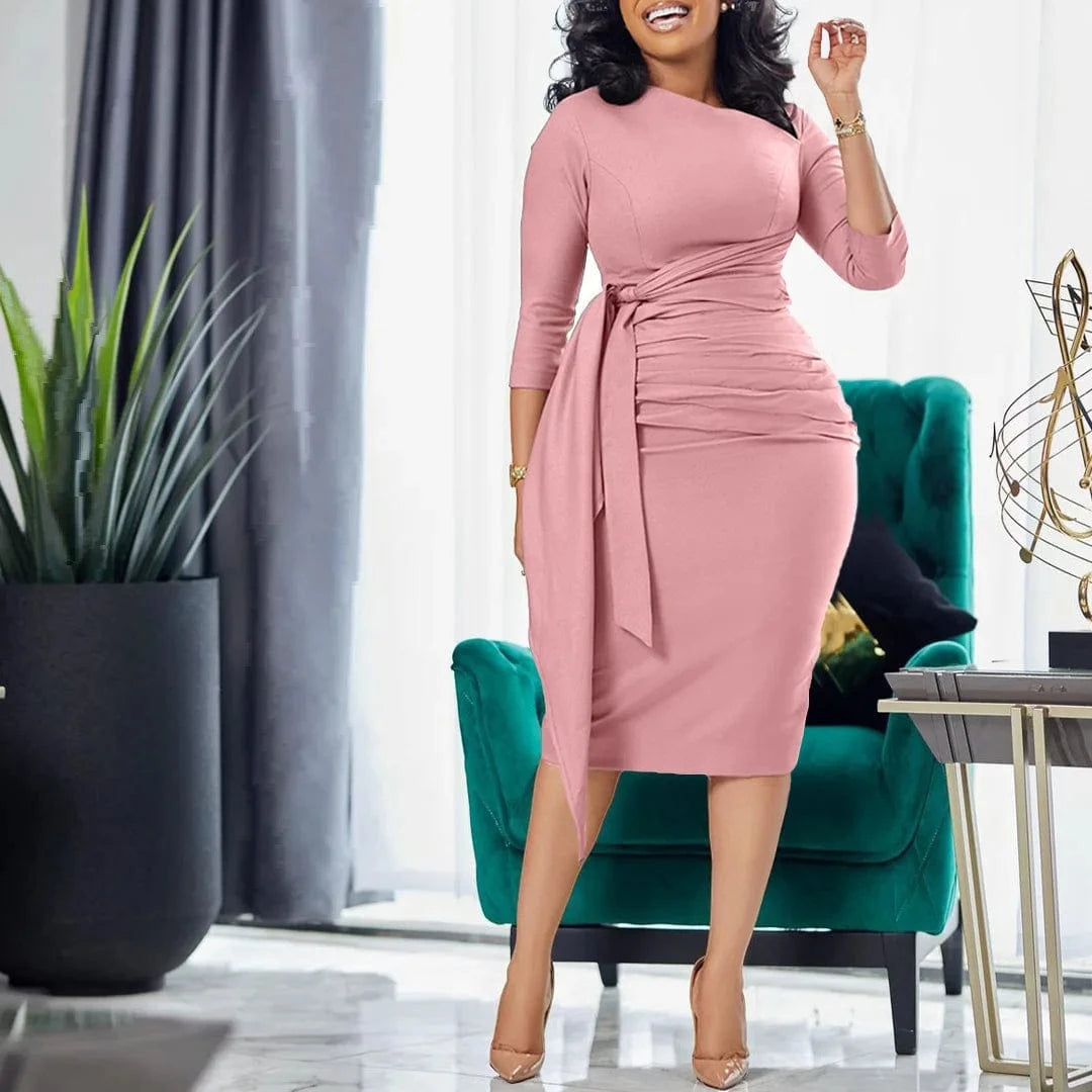 Ladies Dresses 2024 Business O Neck Midi Length Ladies Office Dresses Ruffled Ribbons Plus Size African Woman Dress