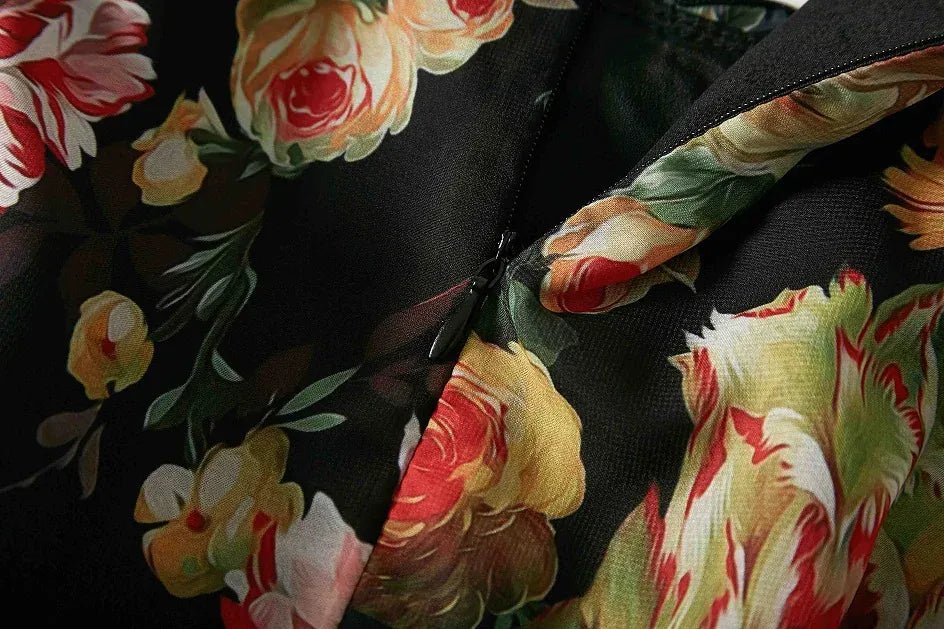 Ladies Elegant Floral Print Long Sleeve Dress Summer Beach Chiffon Ruffled Collar Dress Elegant Elasticity Waist A - Line Sundress - SN Wigs & More
