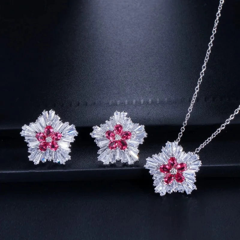 Ladies Fashion Jewelry 3a Cubic Zirconia Snow Flower Pendant Necklace and Stud Earrings Sets for Women Gift