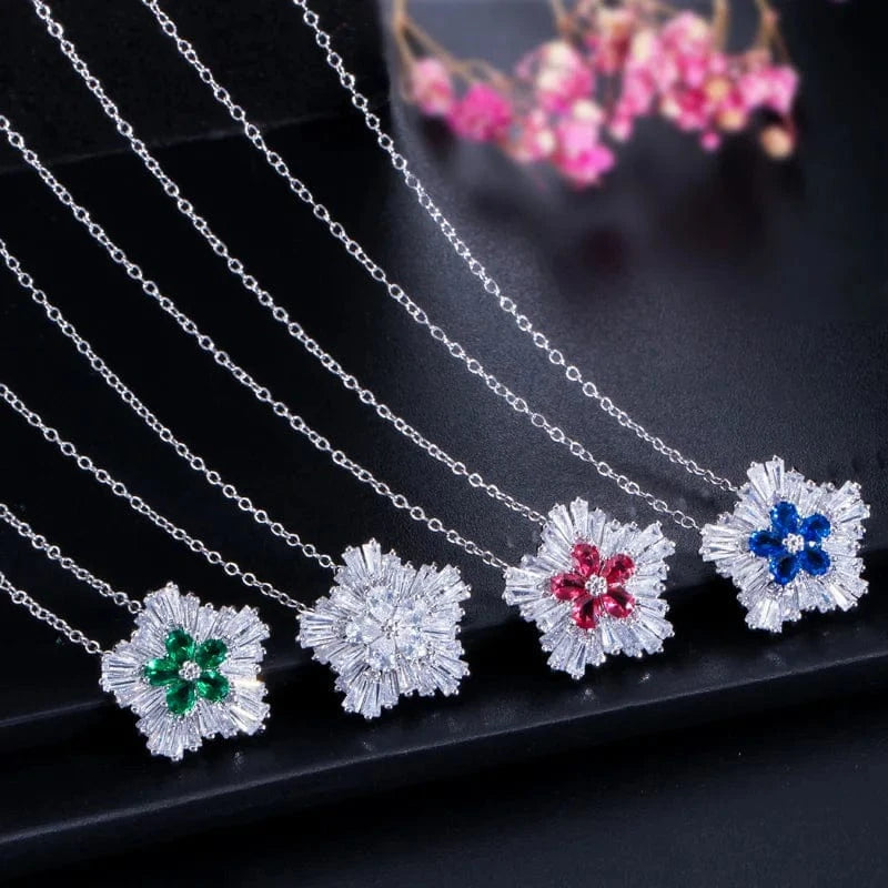 Ladies Fashion Jewelry 3a Cubic Zirconia Snow Flower Pendant Necklace and Stud Earrings Sets for Women Gift