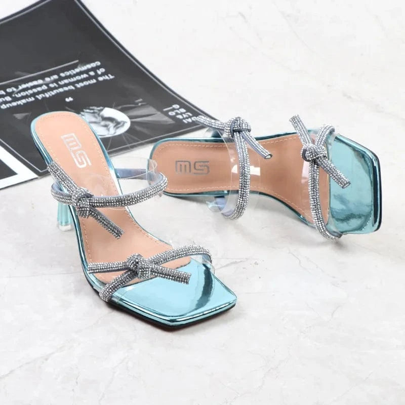 Ladies Fashion Sexy Bowknot Rhinestone Peep Toe Heels Summer Square Toe Stilettos Casual High Heels Mules