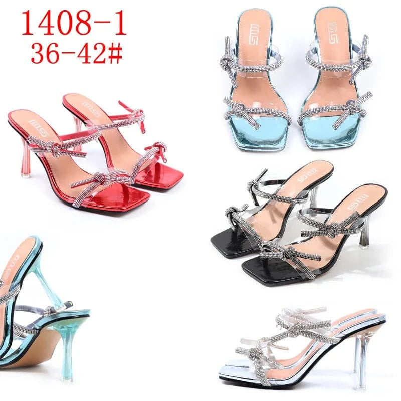 Ladies Fashion Sexy Bowknot Rhinestone Peep Toe Heels Summer Square Toe Stilettos Casual High Heels Mules