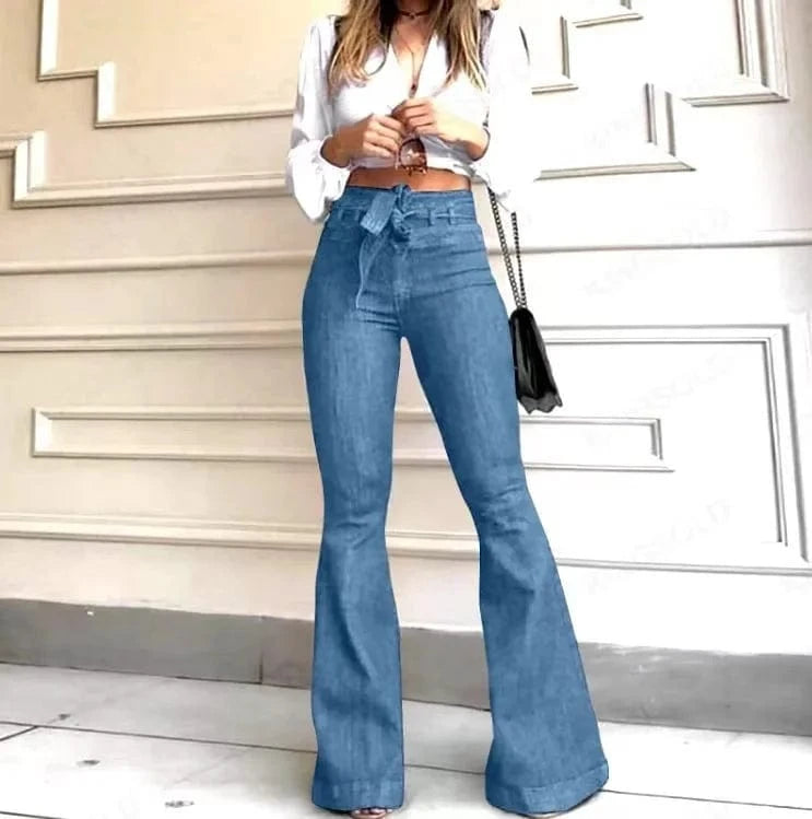 ladies High rise hip lift womens high waist wide leg raw denim trousers women pants baggy women's flared jeans