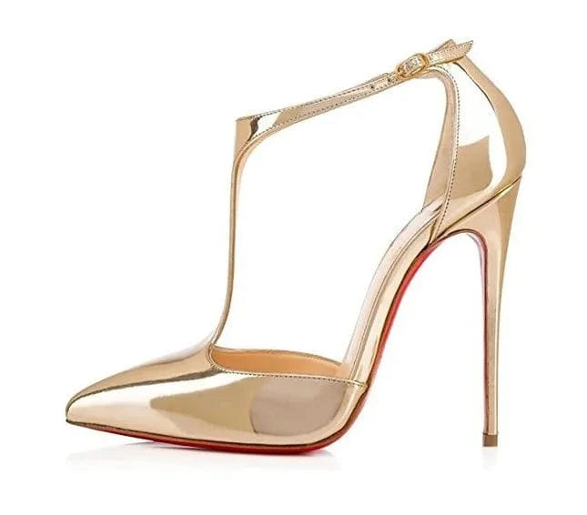 Ladies Pointed T-belt Hollow Shoes Patent Leather High Heel Sandals Women Sexy Ankle Straps Sandals Gold PU Hasp 10cm Rubber