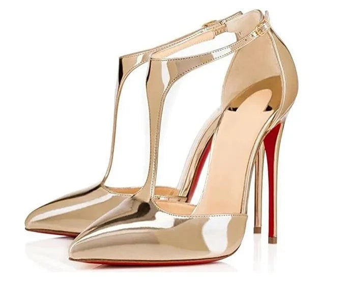 Ladies Pointed T-belt Hollow Shoes Patent Leather High Heel Sandals Women Sexy Ankle Straps Sandals Gold PU Hasp 10cm Rubber