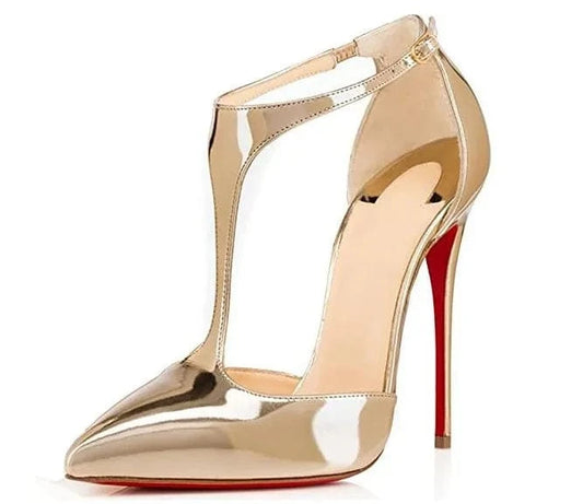 Ladies Pointed T-belt Hollow Shoes Patent Leather High Heel Sandals Women Sexy Ankle Straps Sandals Gold PU Hasp 10cm Rubber