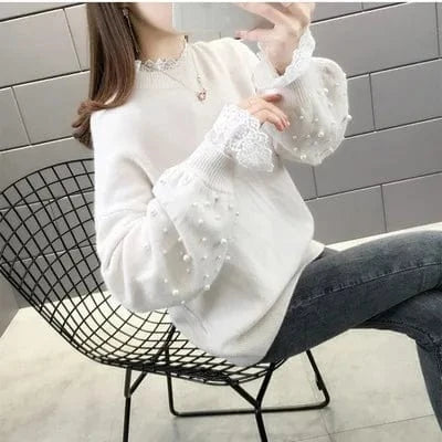 Ladies Red Lace Sweater Women Autumn Clothing 2024