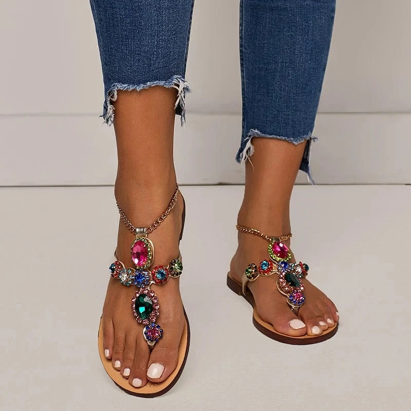 Ladies Sandals Chain Rhinestone Summer Shoes Ladies Beach Flat Sandals XL Flip Flops