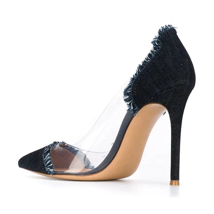 Ladies Shoes Chengdu Factory Manufacture Fashionable Stiletto Transparent PVC Denim Pumps
