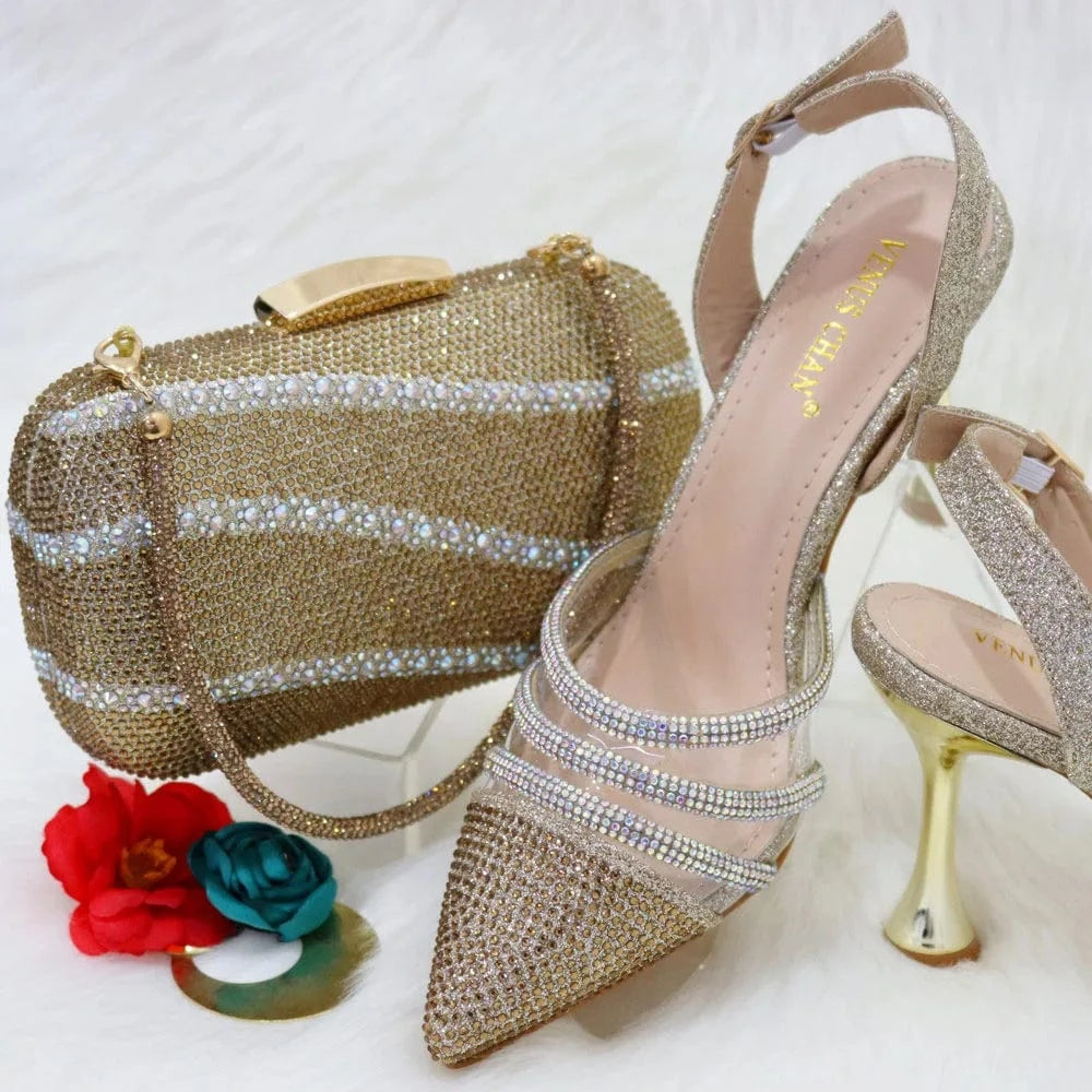 ladies shoes wholesale ladies high heel shoes and full of diamond bag set 2025
