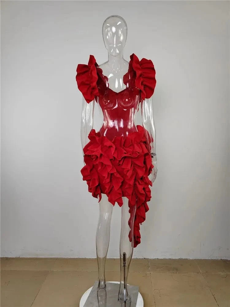 Ladies Spring Sleeveless Backless V-Neck Ruffle New Fashion Mini Dresses For Women Asymmetrical Ball Gown Evening Party Clubwear