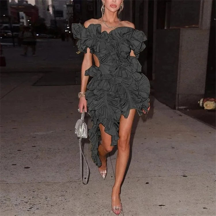 Ladies Spring Sleeveless Backless V-Neck Ruffle New Fashion Mini Dresses For Women Asymmetrical Ball Gown Evening Party Clubwear