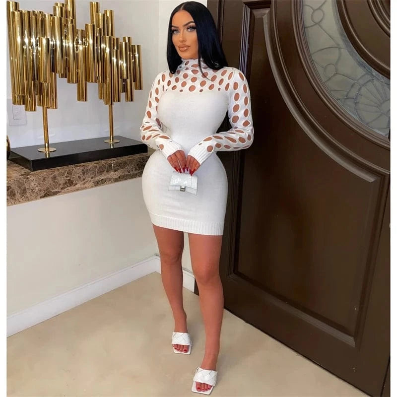ladies women spring 2024 sexy red knit jersey long sleeve hollow out bodycon night club dress spring 2023 clothing for women