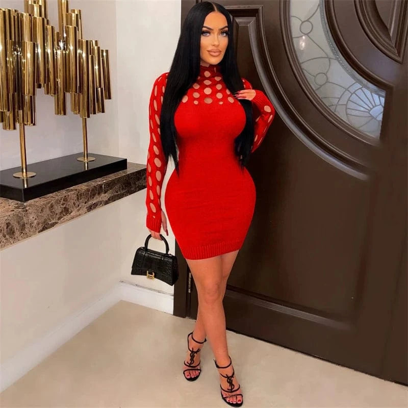 ladies women spring 2024 sexy red knit jersey long sleeve hollow out bodycon night club dress spring 2023 clothing for women