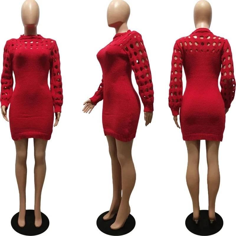 ladies women spring 2024 sexy red knit jersey long sleeve hollow out bodycon night club dress spring 2023 clothing for women