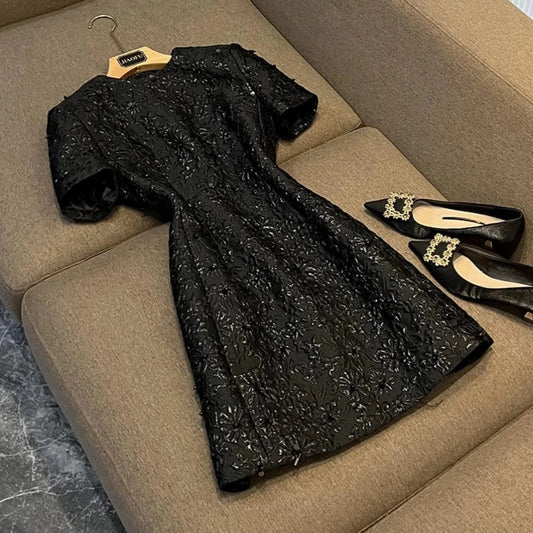 Lady Fine Workmanship Jacquard Casual Wear Short Sleeve O-neckline Shinny Sequins Women Mini Black Formal Dress