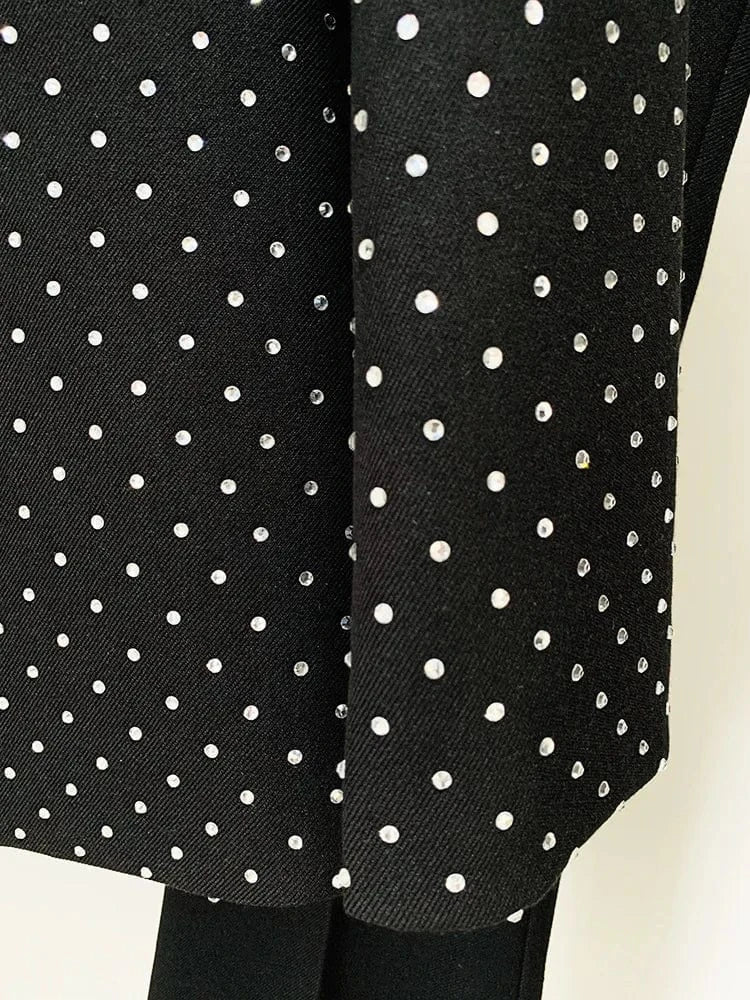 Lady Formal Workwear 2Pcs Fine Workmanship Stylish Hot Fix Rhinestone Single Button Blazer Flared Solid Pants Suit