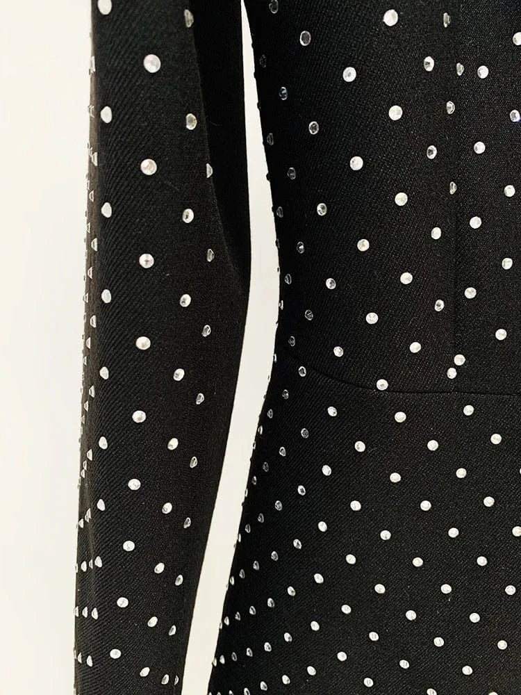 Lady Formal Workwear 2Pcs Fine Workmanship Stylish Hot Fix Rhinestone Single Button Blazer Flared Solid Pants Suit