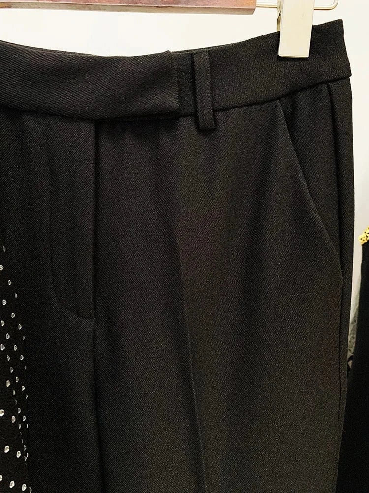 Lady Formal Workwear 2Pcs Fine Workmanship Stylish Hot Fix Rhinestone Single Button Blazer Flared Solid Pants Suit