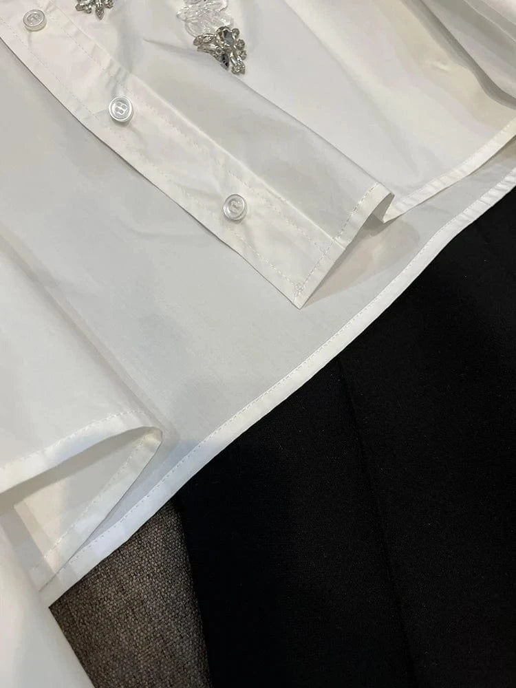 Lady Luxury Fine Workmanship Rhinestone Outwear Turn-down Collar Long Sleeve Single-breasted Women Short Shirts