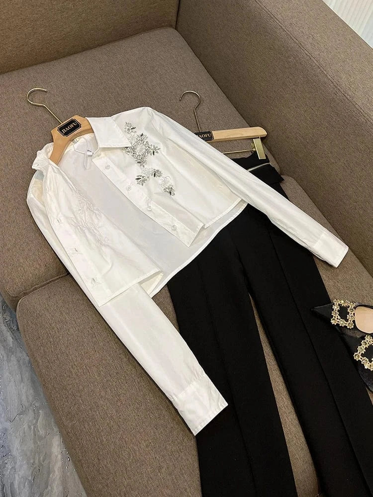 Lady Luxury Fine Workmanship Rhinestone Outwear Turn-down Collar Long Sleeve Single-breasted Women Short Shirts