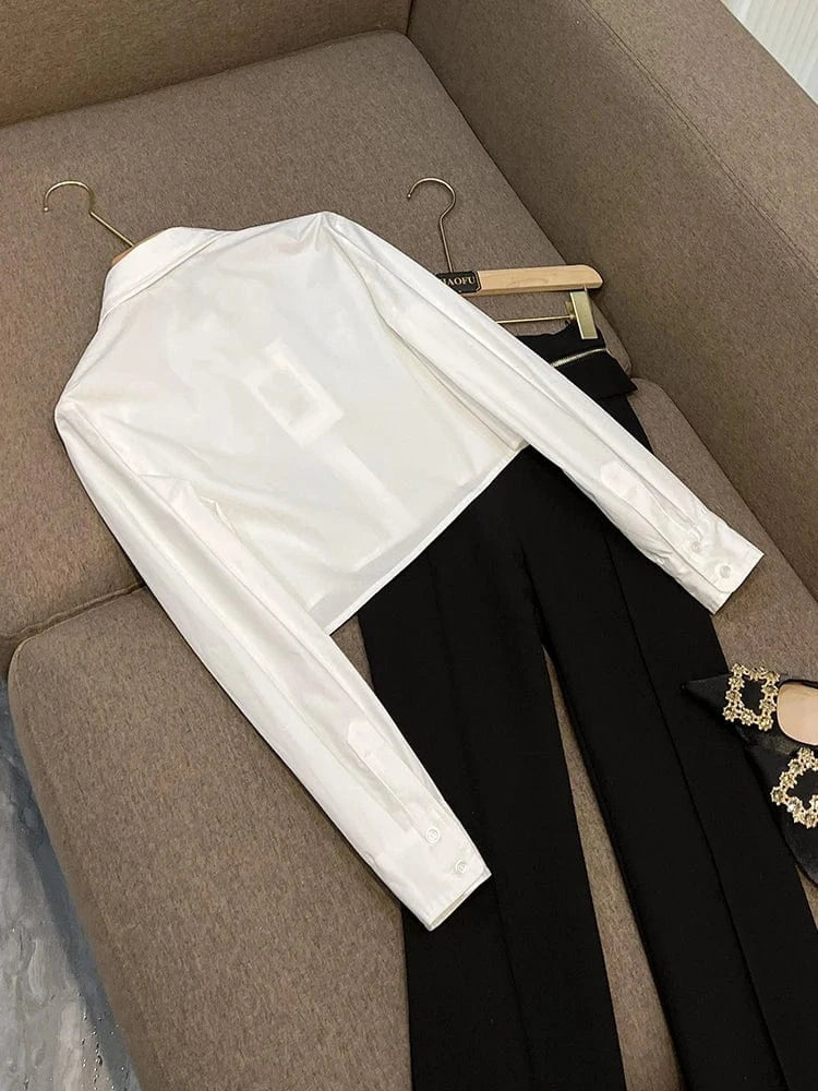 Lady Luxury Fine Workmanship Rhinestone Outwear Turn-down Collar Long Sleeve Single-breasted Women Short Shirts