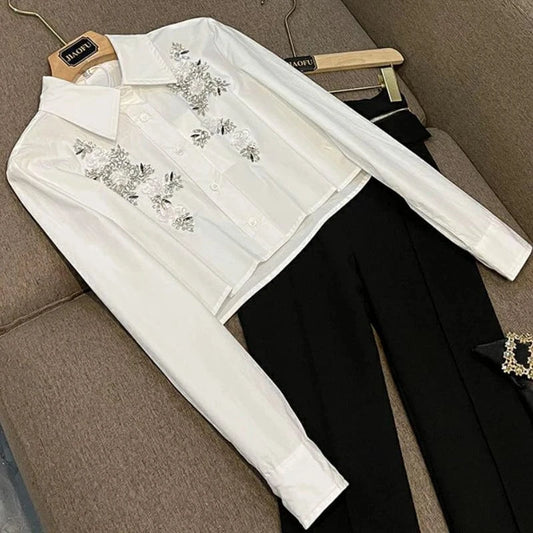 Lady Luxury Fine Workmanship Rhinestone Outwear Turn-down Collar Long Sleeve Single-breasted Women Short Shirts