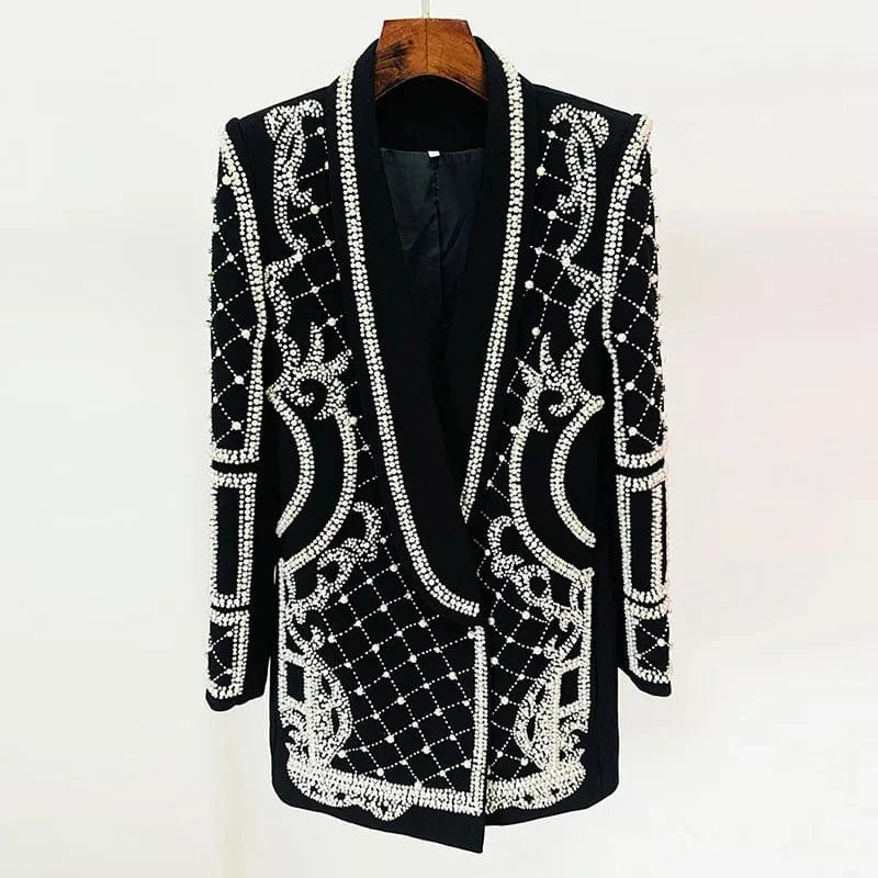 Lady Office Wear Fine Workmanship Rhinestone Beading Shawl Collar Long Sleeve Women Straight Cutting Blazer